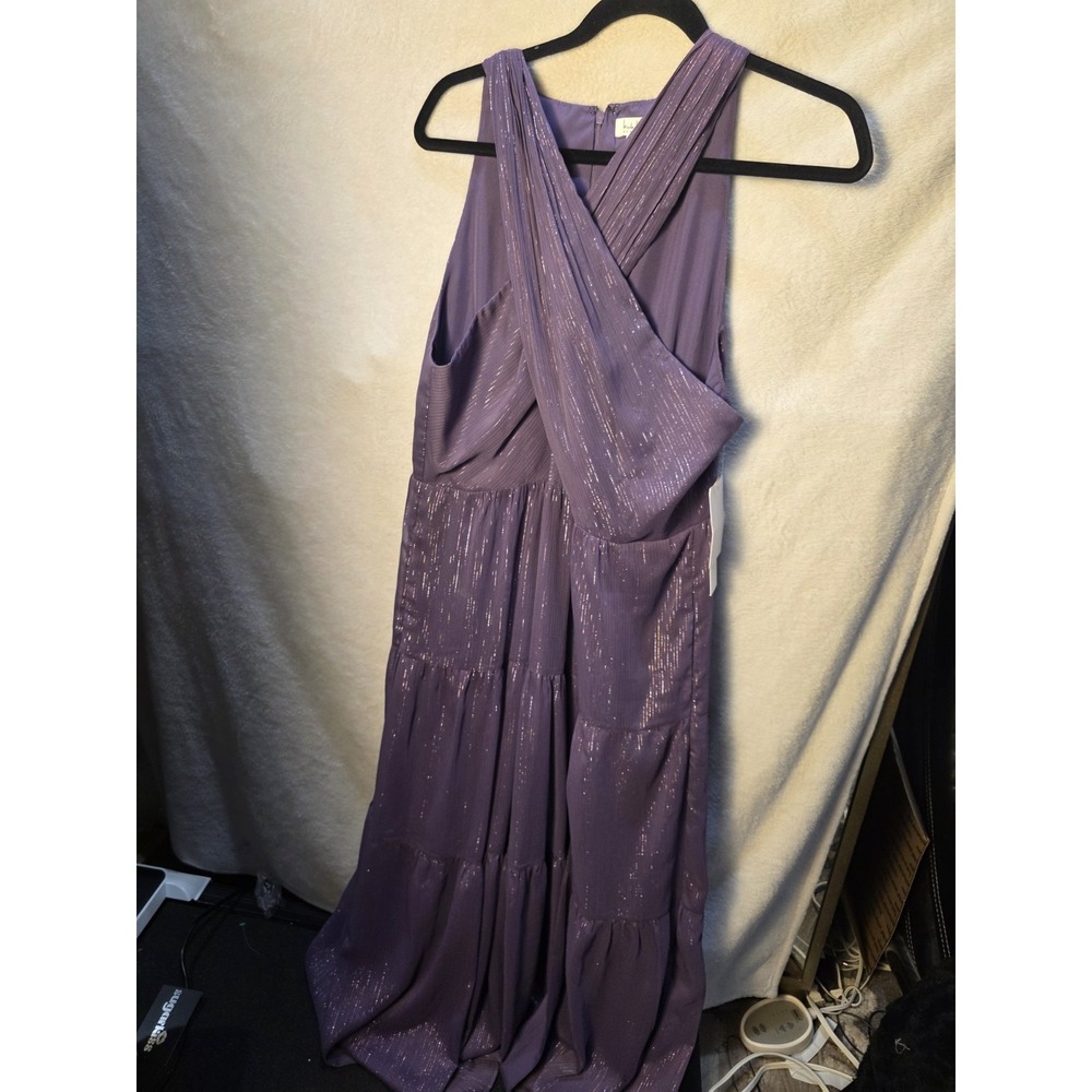 Nicole Miller Purple Layered Halter Sleeveless Criss Cross Maxi Glitter Side Zip - Picture 3 of 9